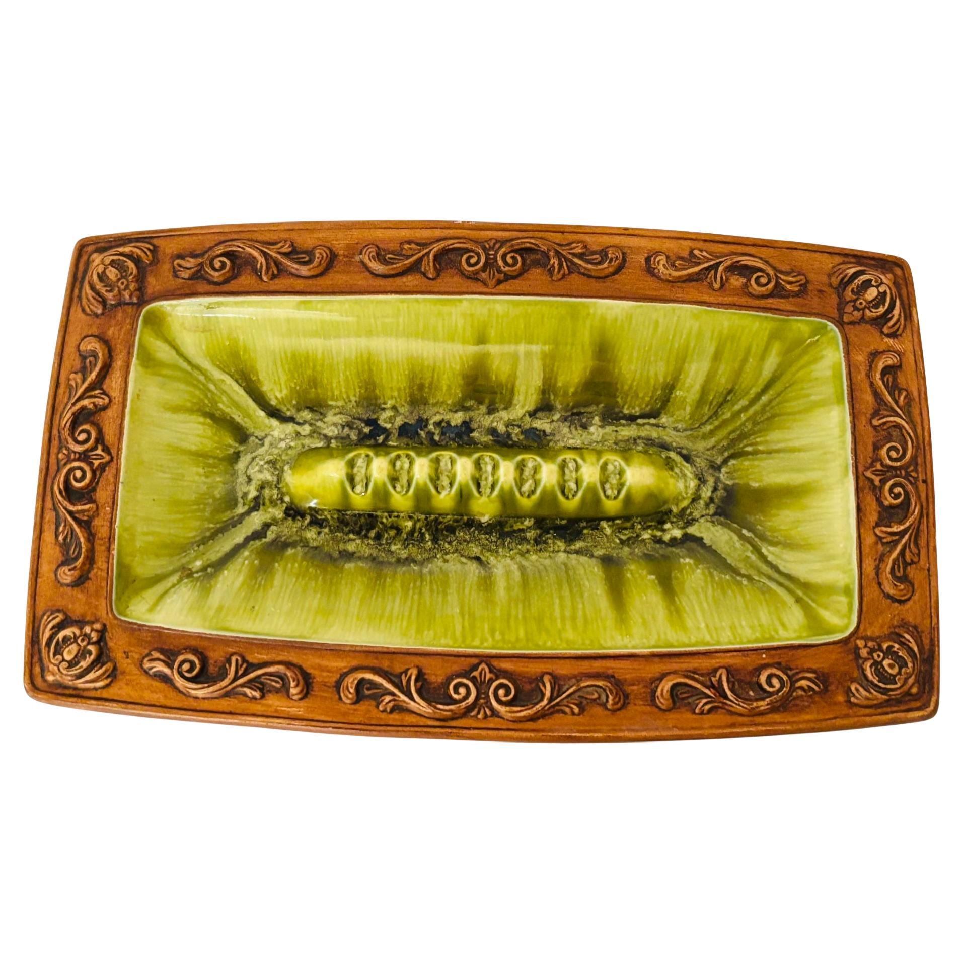 Cenicero de cerámica vintage para puros Esmaltado en verde y marrón de Treasure Craft USA en venta