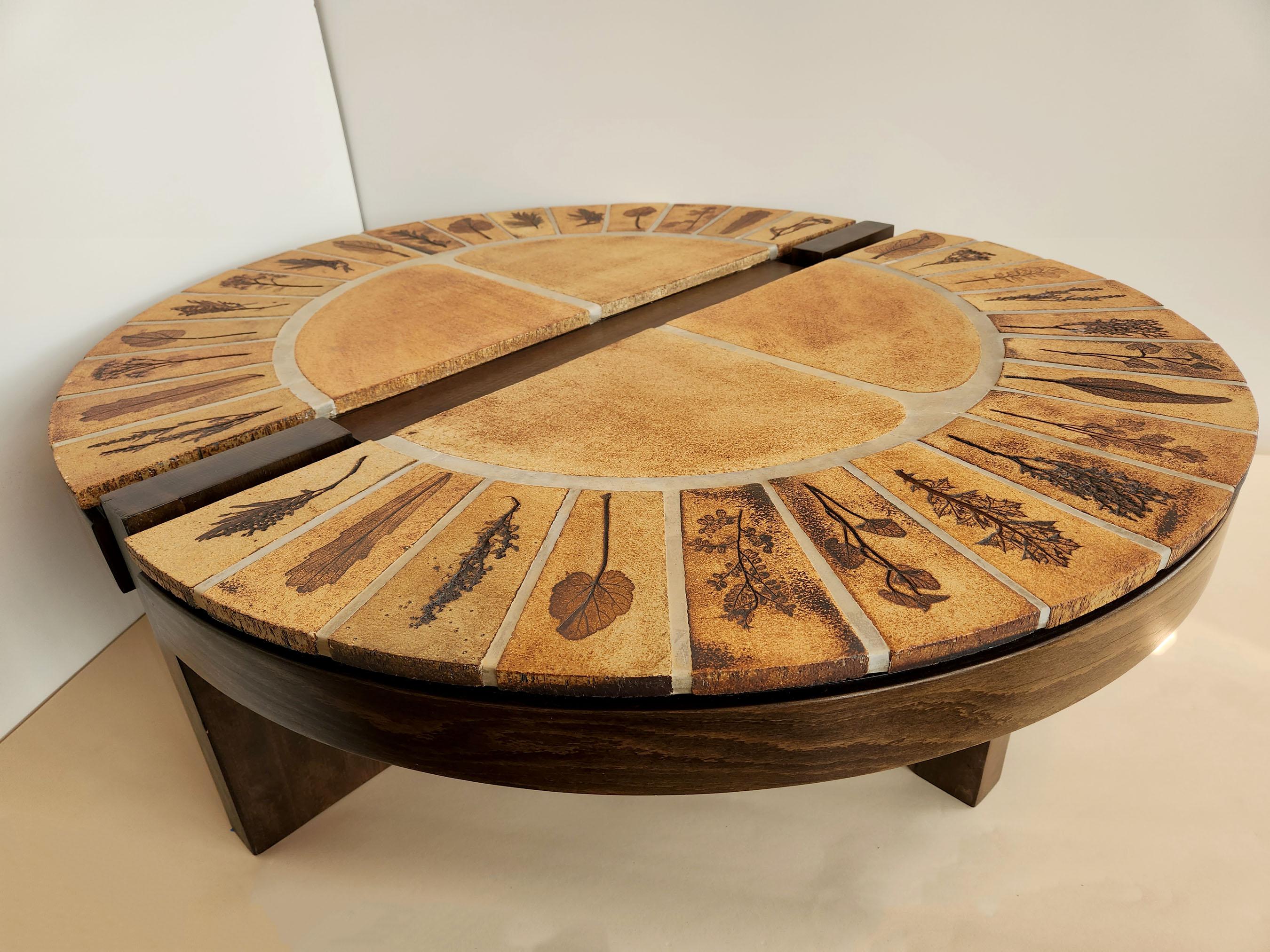 Mid-Century Modern Roger Capron - Ovoid Ceramic Split Coffee Table, Garrigue Tiles, Wood Frame For Sale