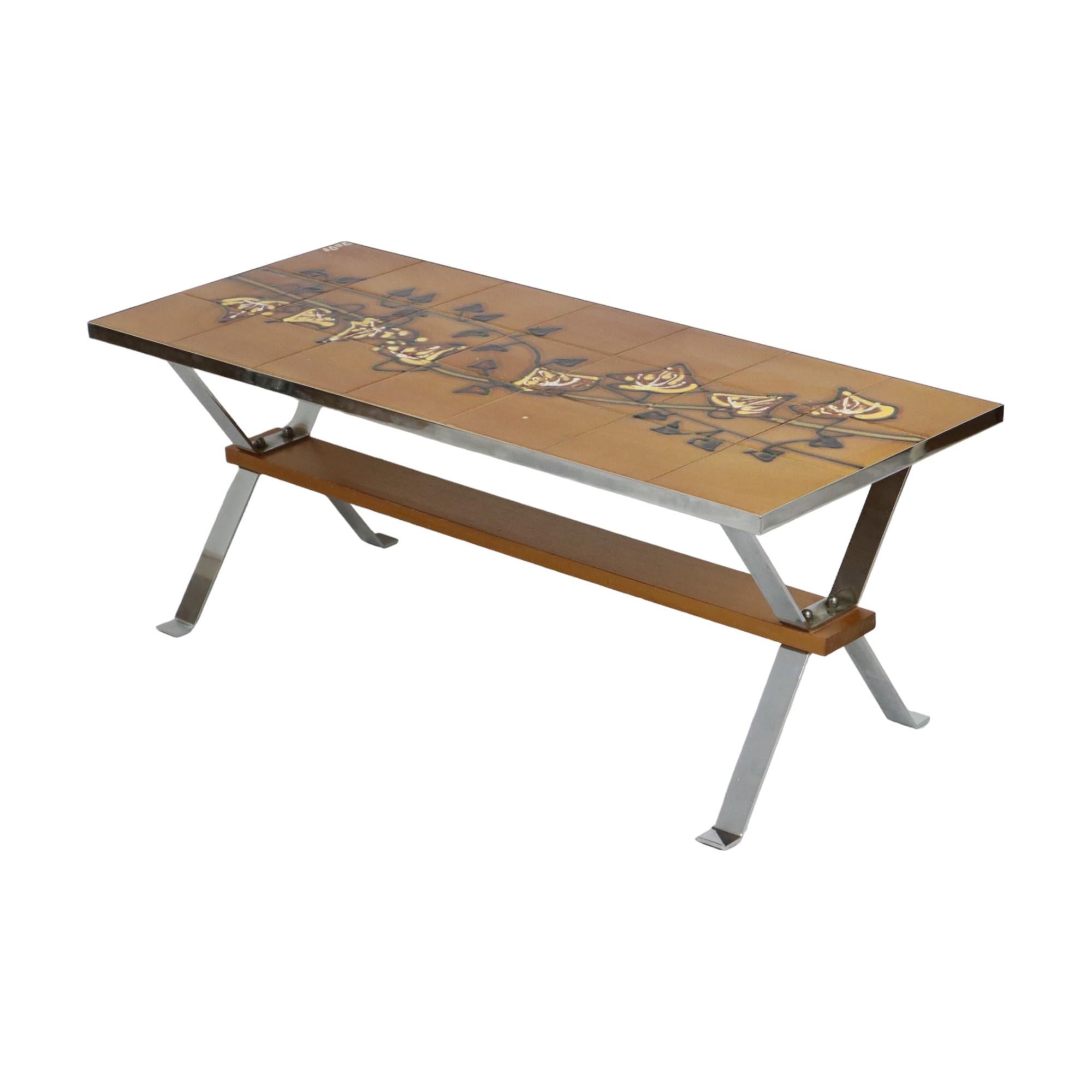 Vintage-Couchtisch/Kacheltisch aus Keramik Adri Belarti, Adri Belarti, Seventies Design 109 cm im Zustand „Gut“ im Angebot in Poperinge, BE