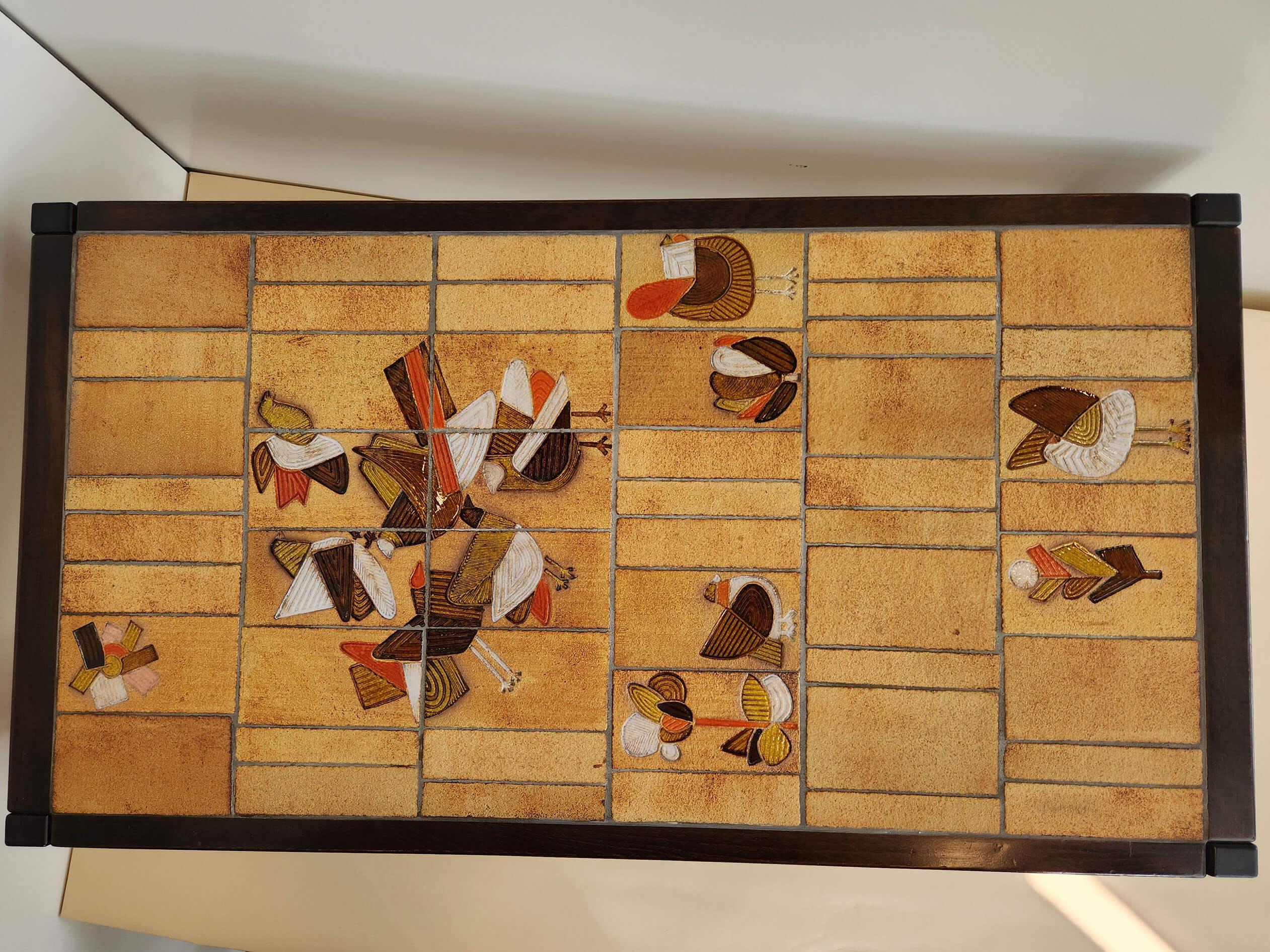 Roger Capron - Vintage Ceramic Coffee Table with Birds Imprints on a Wood Frame  For Sale 2