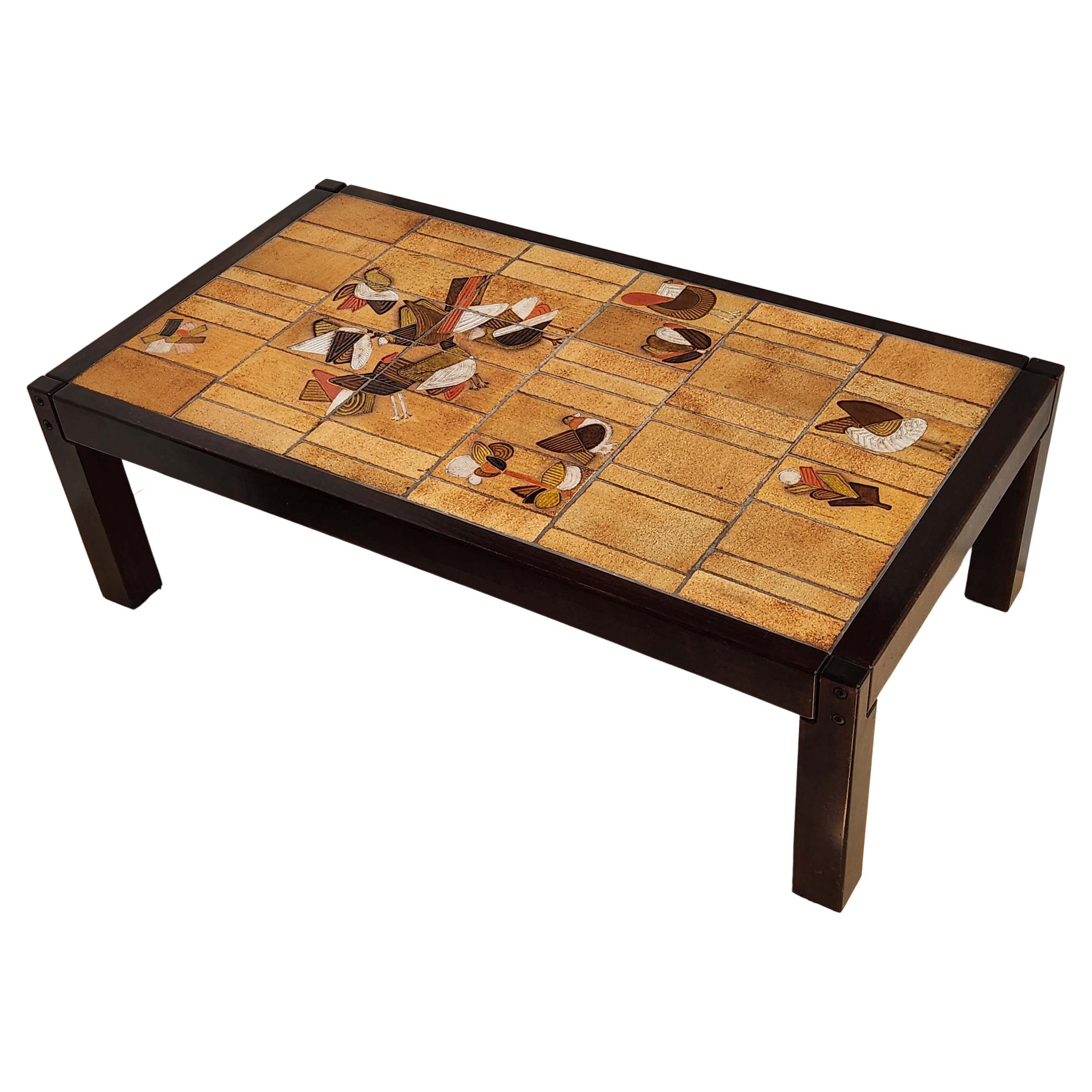 Roger Capron - Vintage Ceramic Coffee Table with Birds Imprints on a Wood Frame  For Sale