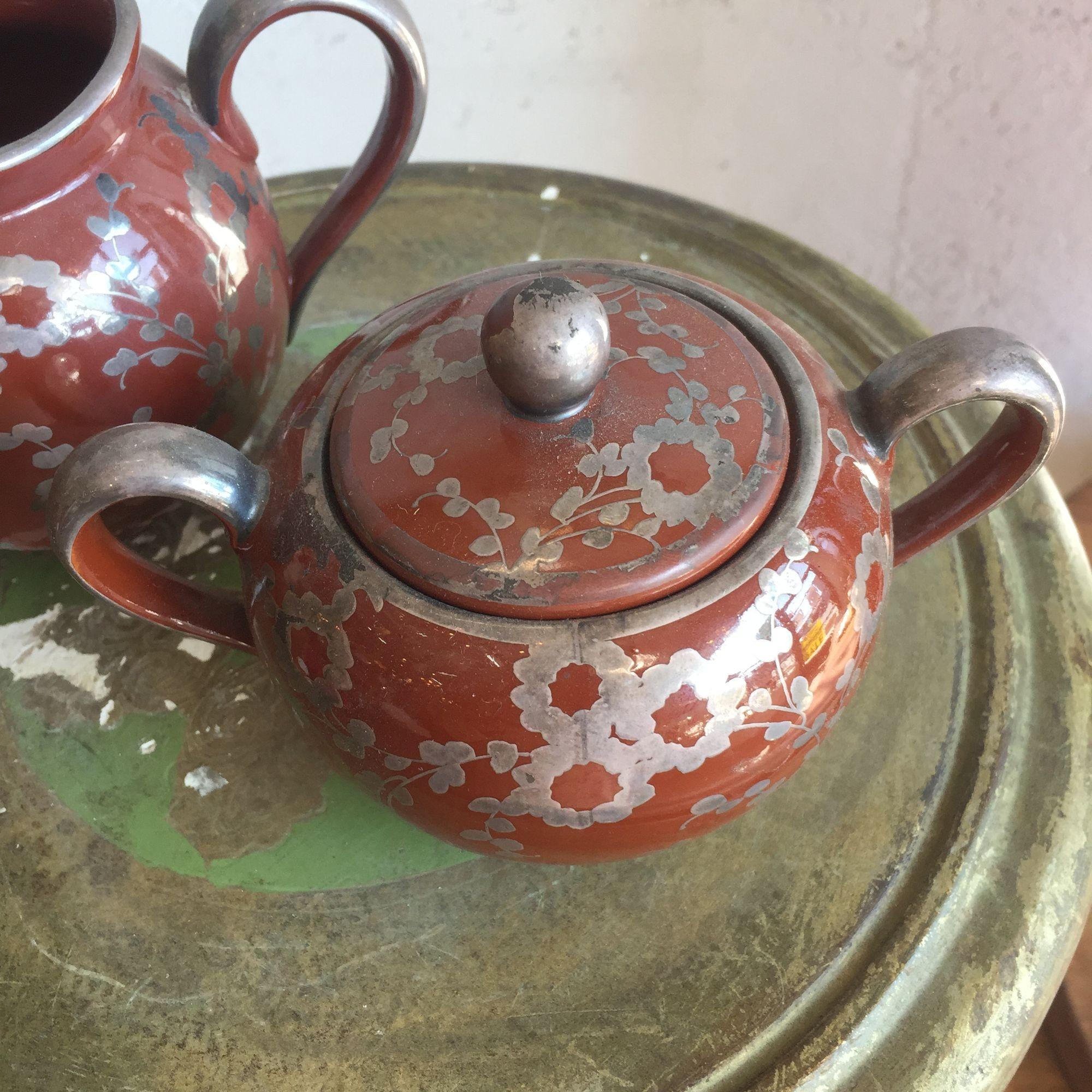 Vintage Keramik Sahnekännchen & Zuckerdose Raku-Glasur signiert (Japanisch) im Angebot