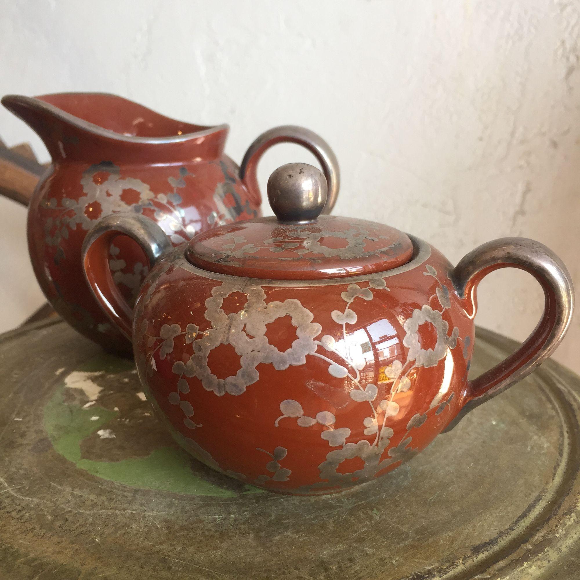 Japanese Vintage Ceramic Creamer & Sugar Bowl Raku Glaze Signed For Sale