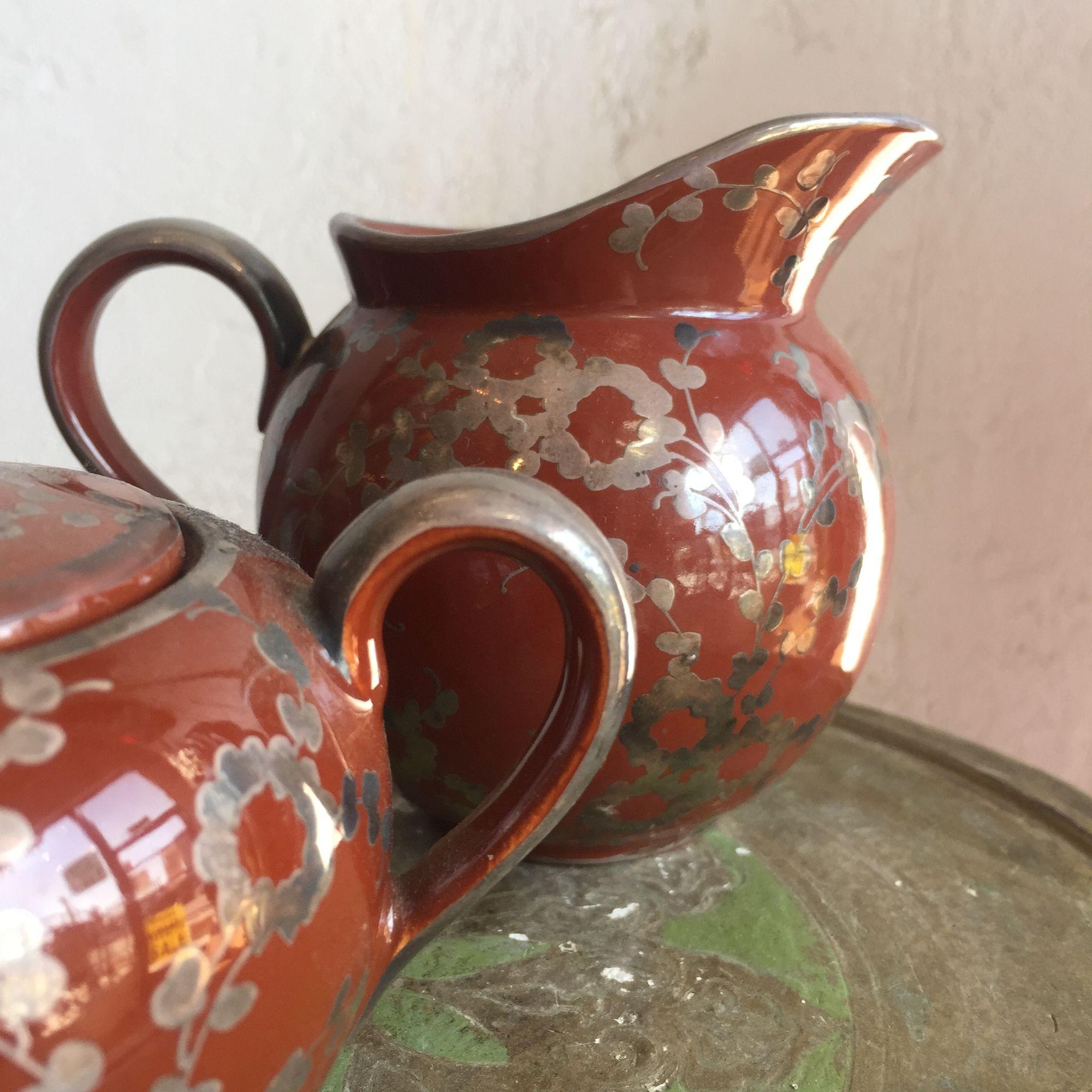Early 20th Century Vintage Ceramic Creamer & Sugar Bowl Raku Glaze Signed For Sale