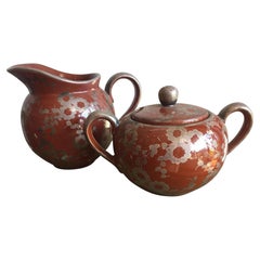 Antique Ceramic Creamer & Sugar Bowl Raku Glaze Signed