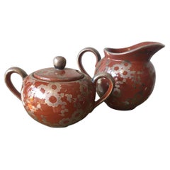 Crémier et sucrier en céramique vintage à glaçure raku signé