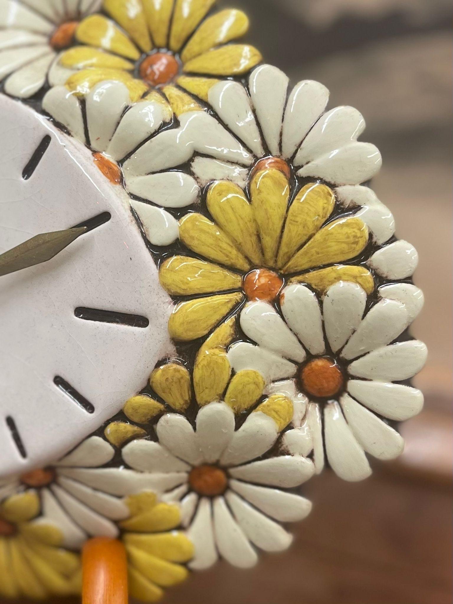 Late 20th Century Vintage Ceramic Daisy Wall Clock Atlantic Mold  For Sale