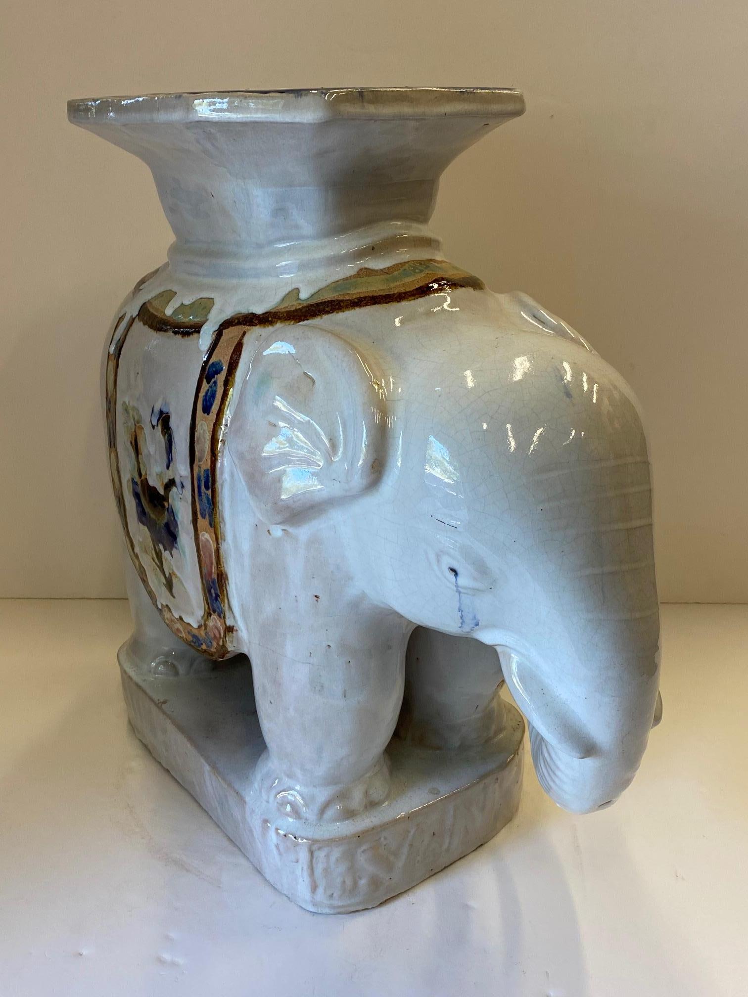 Late 20th Century Vintage Ceramic Elephant Motife Garden Seat End Table