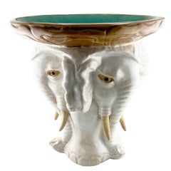 Vintage Ceramic Elephant Pedestal Bowl, Tri-Headed Majolica Stand