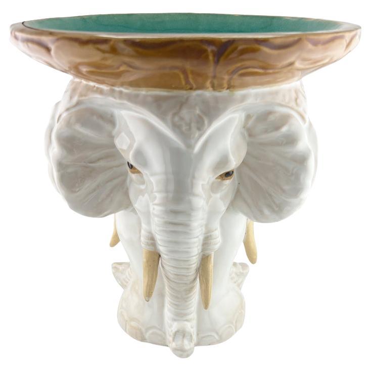 Vintage Ceramic Elephant Pedestal Bowl, Tri-Headed Majolica Stand