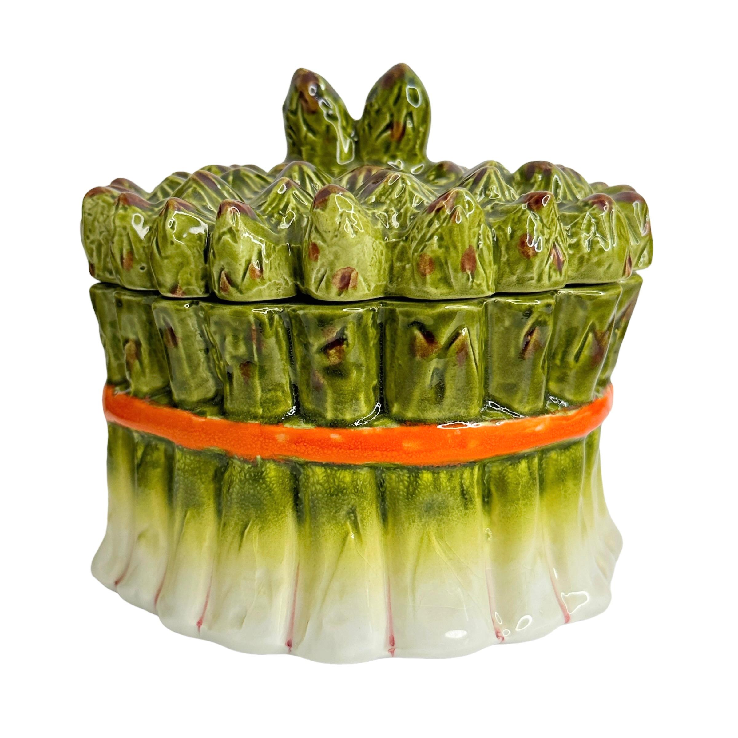 Modern Vintage Ceramic Faience Majolica Asparagus Serving Canister or Jar Saucer Italy For Sale