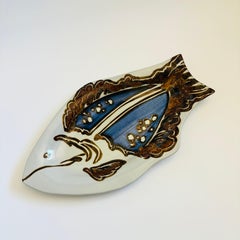 Vintage Ceramic Fish Platter, Hand Painted, Late 20th Century, Signed