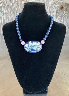 Vintage Ceramic Flower Necklace with Sodalite Beads