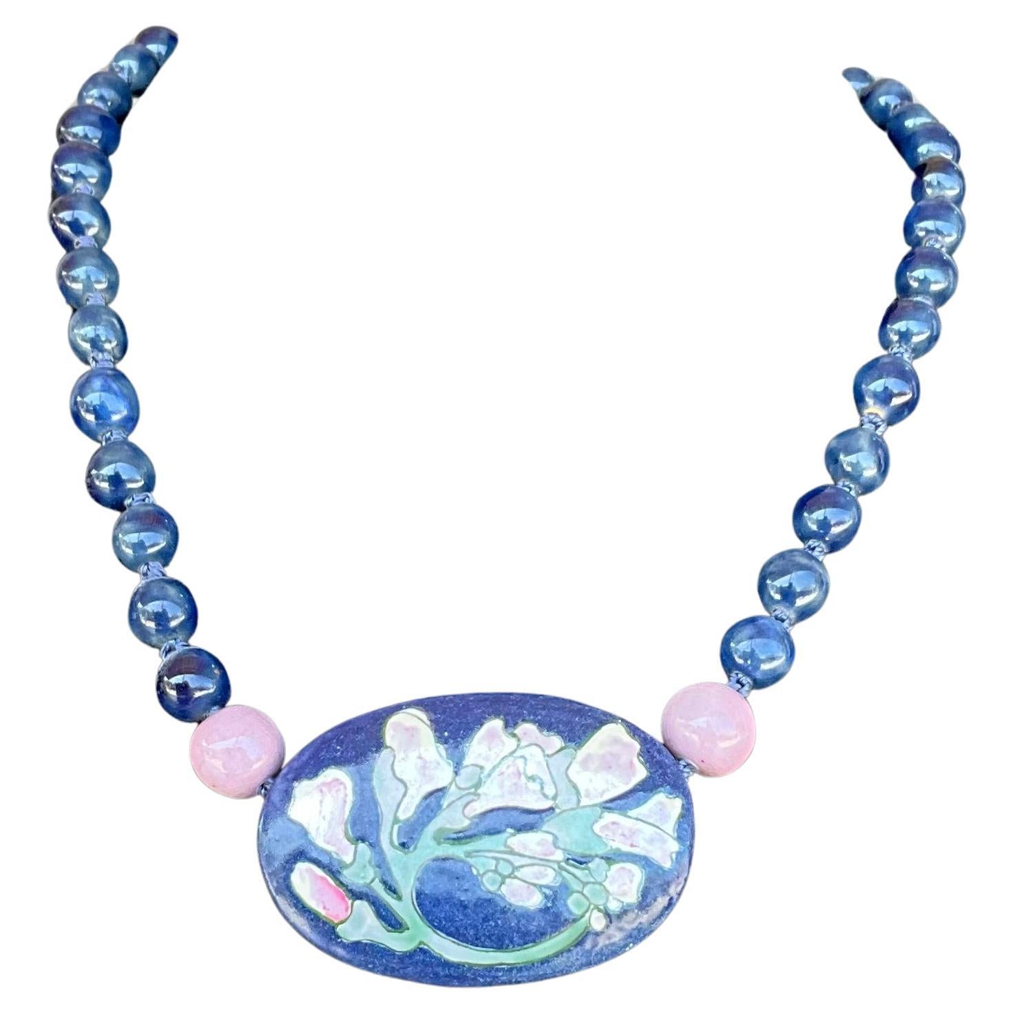 Vintage Ceramic Flower Necklace with Sodalite Beads