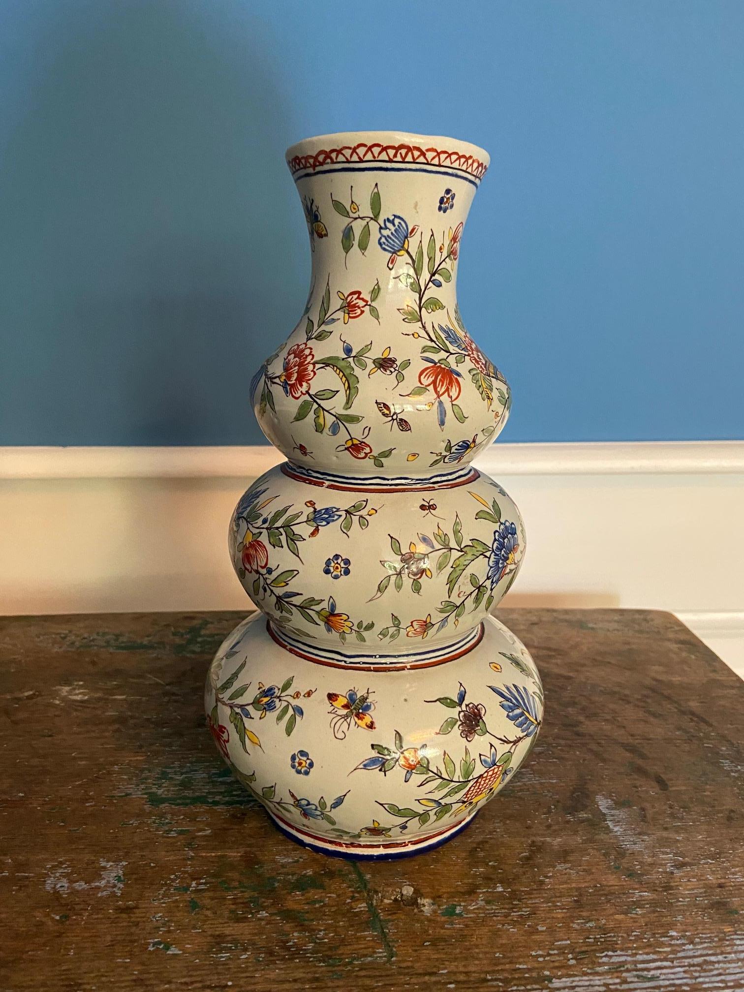 French Vintage Ceramic Flower Painted Vase, France, 19th Century