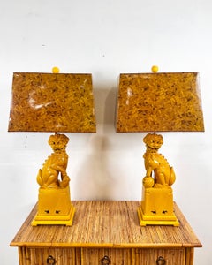Vintage Ceramic Foo Dog Lamps, Yellow Glaze, Mid-20th Century