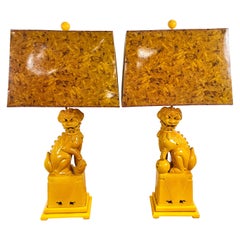 Vintage Ceramic Foo Dog Lamps, Yellow Glaze, Mid-20th Century