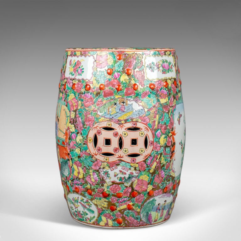 Vintage Ceramic Garden Stool, Chinese, Famile Rose, Plant Stand 20th