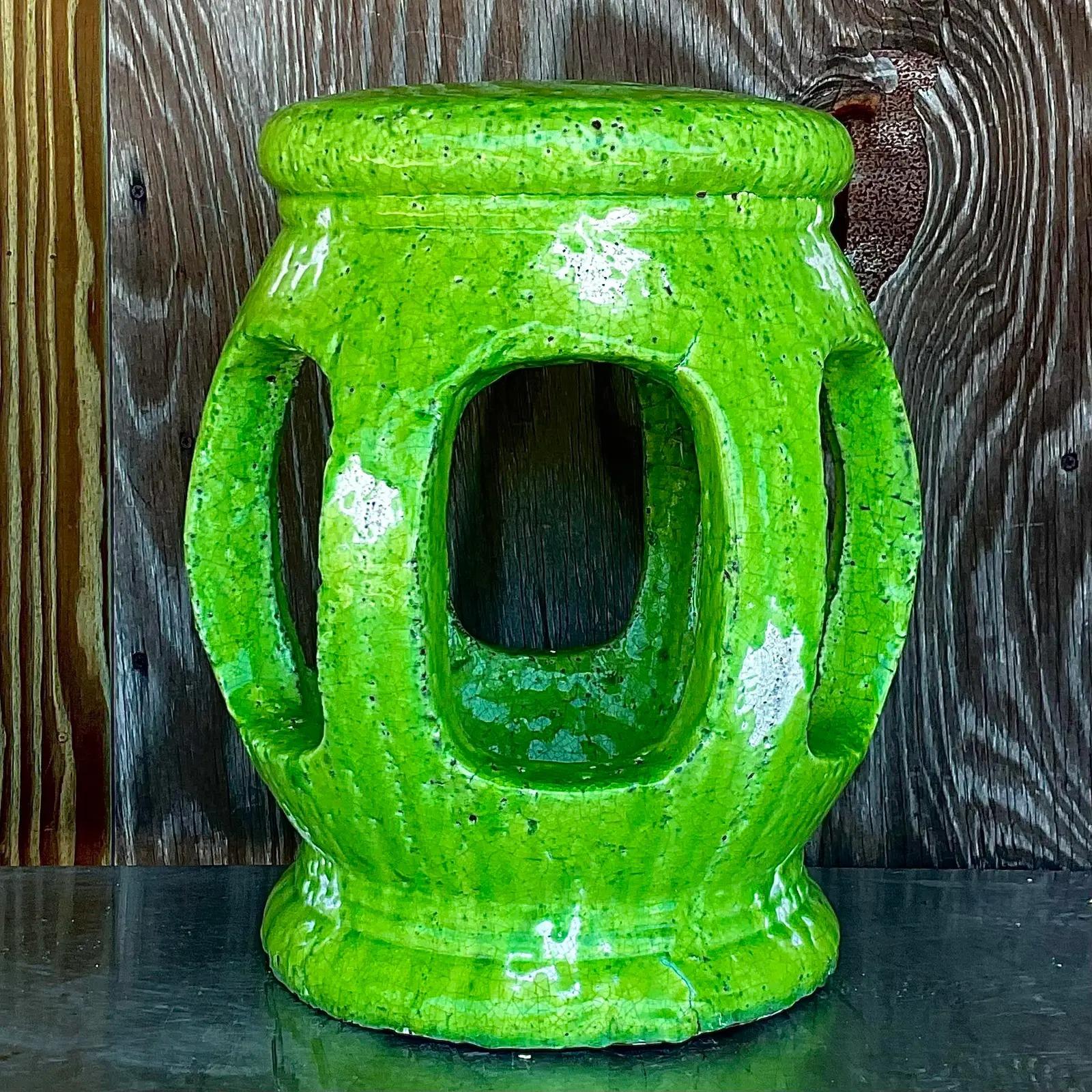 North American Vintage Ceramic Garden Stool with Green Glaze