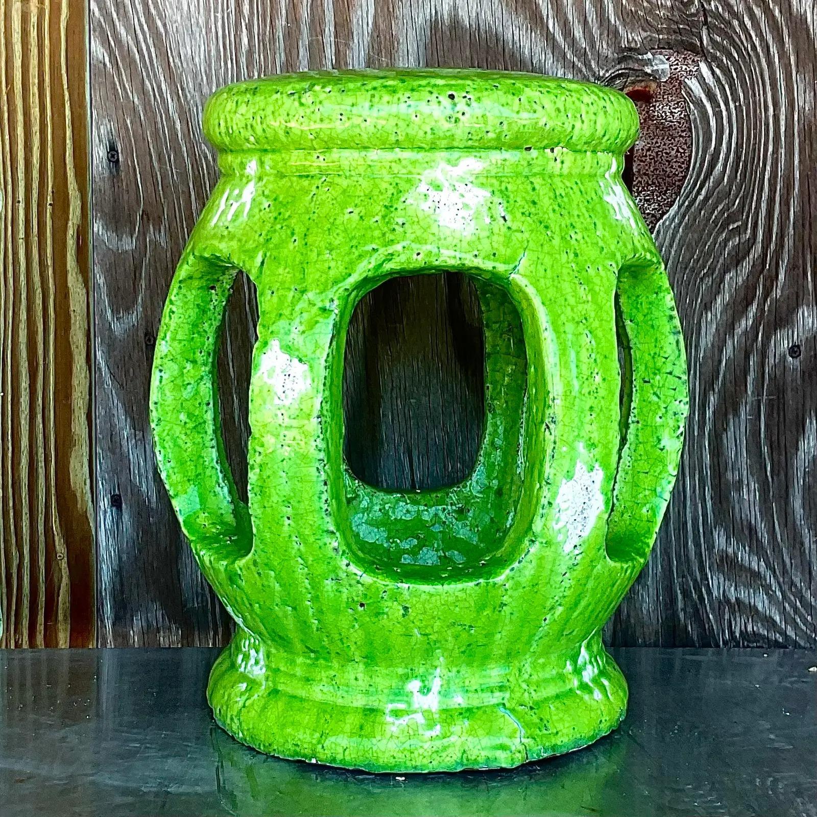 Vintage Ceramic Garden Stool with Green Glaze In Good Condition In west palm beach, FL