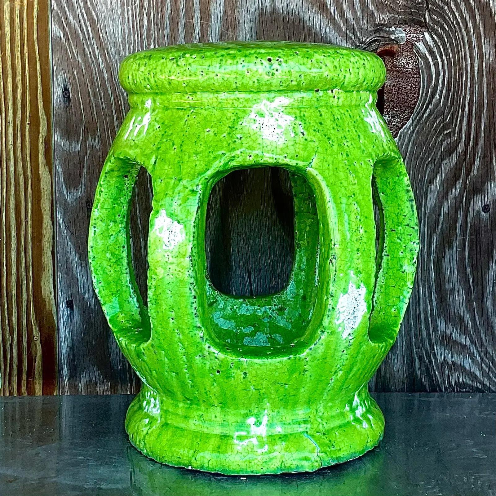 Contemporary Vintage Ceramic Garden Stool with Green Glaze
