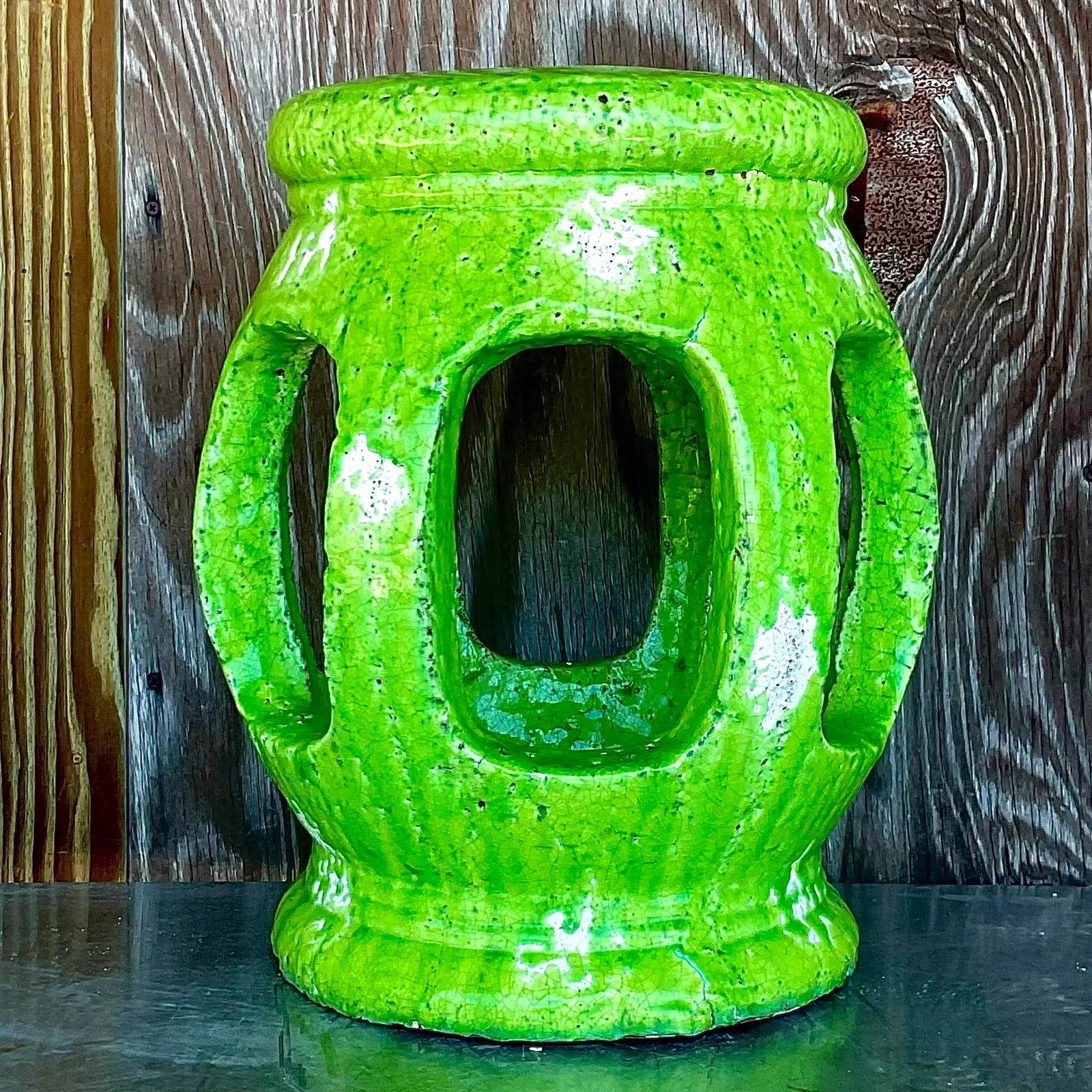 Vintage Ceramic Garden Stool with Green Glaze 1
