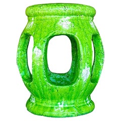 Vintage Ceramic Garden Stool with Green Glaze