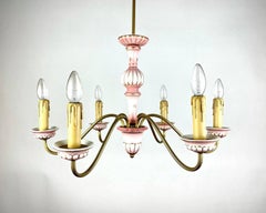 Vintage Ceramic & Gilt Brass Chandelier Six Light Bulbs Ceiling Lamp