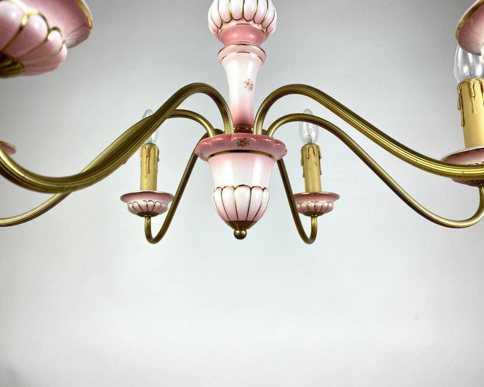 European Vintage Ceramic & Gilt Brass Chandelier Six Light Bulbs Ceiling Lamp For Sale