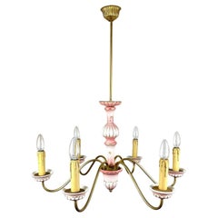 Vintage Ceramic & Gilt Brass Chandelier Six Light Bulbs Ceiling Lamp