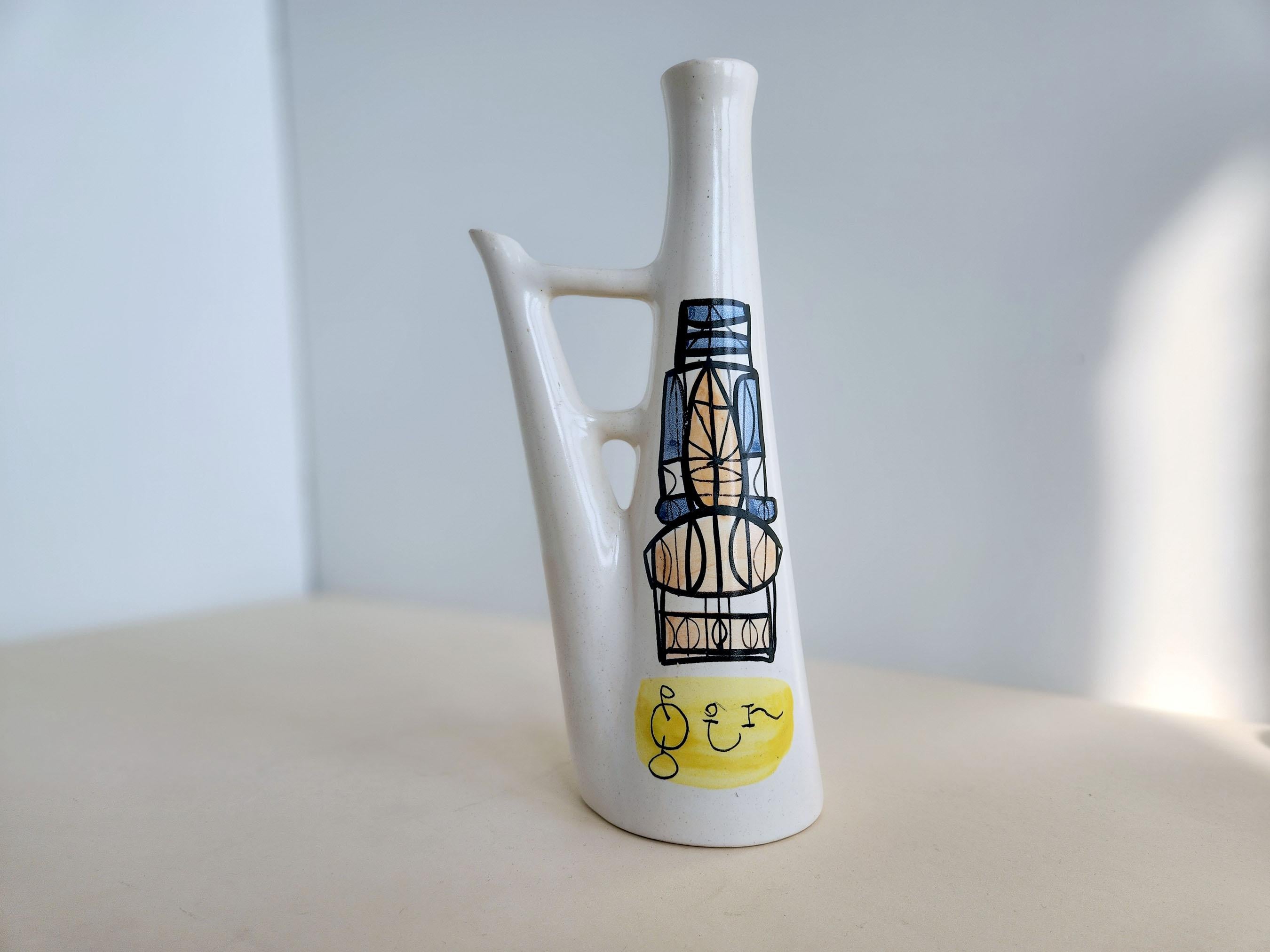 Vintage ceramic decorative flask signed by Roger Capron - Vallauris, France

Roger Capron was in influential French ceramicist, known for his tiled tables and his use of recurring motifs such as stylized branches and geometrical suns.   He was born