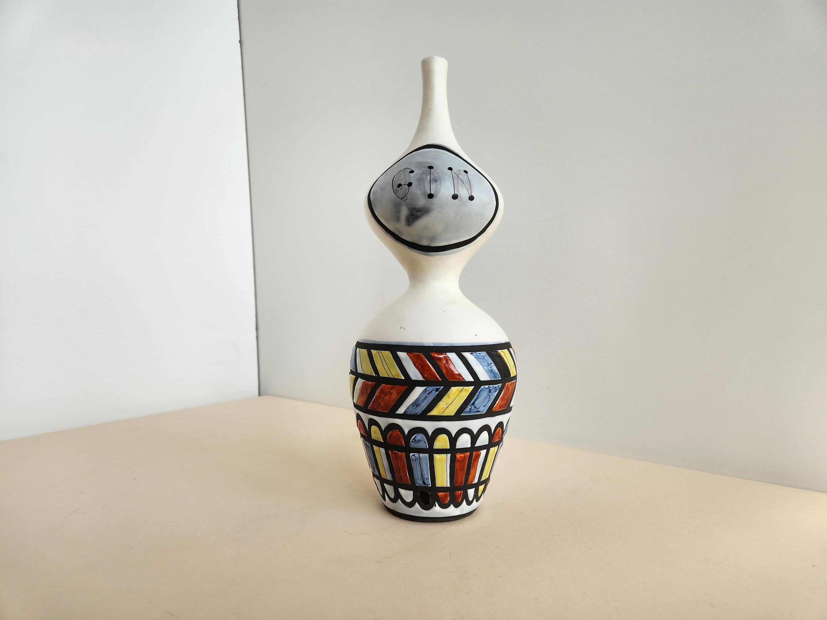 Vintage ceramic decorative flask signed by Roger Capron - Vallauris, France

Roger Capron was in influential French ceramicist, known for his tiled tables and his use of recurring motifs such as stylized branches and geometrical suns.   He was born