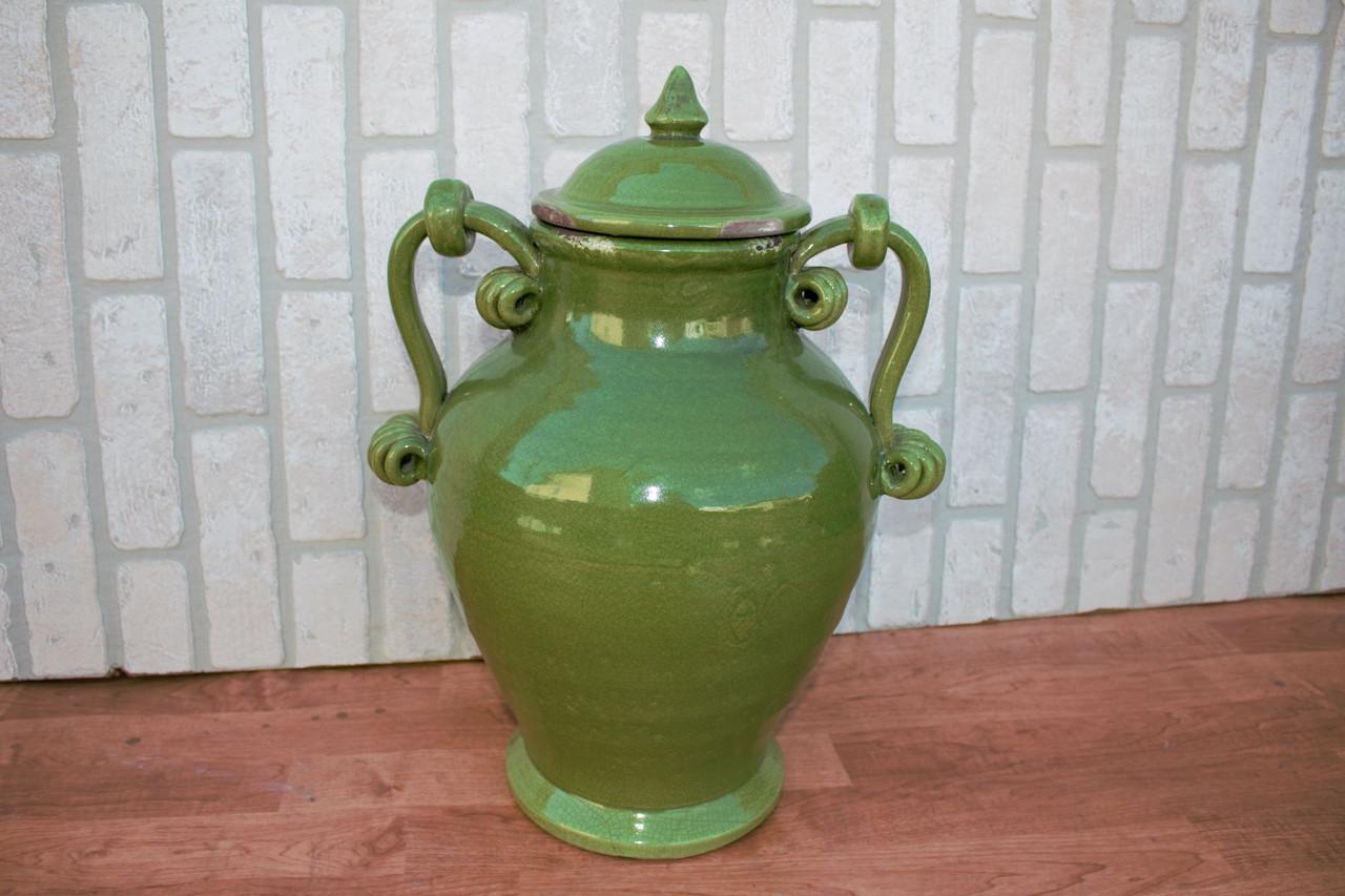 Vintage Keramik Grün Amphora Shaped Vase mit abnehmbarem Deckel (Rustikal) im Angebot