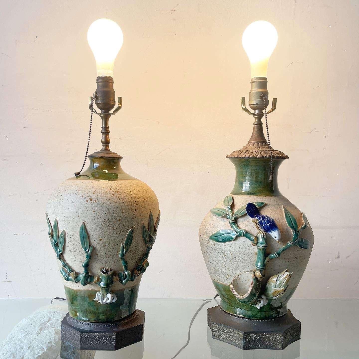 Vintage Ceramic Hand Painted and Sculpted Table Lamps With Brass Bases - a Pair In Good Condition For Sale In Delray Beach, FL