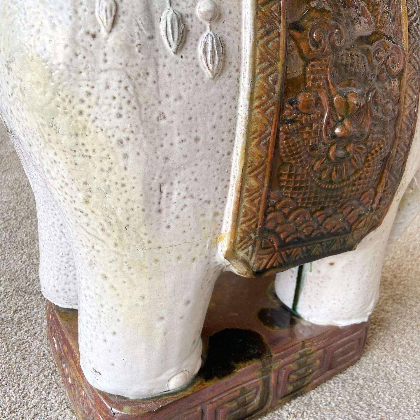 Vintage Ceramic Hand Painted Elephant Side Table Sculpture In Good Condition For Sale In Delray Beach, FL