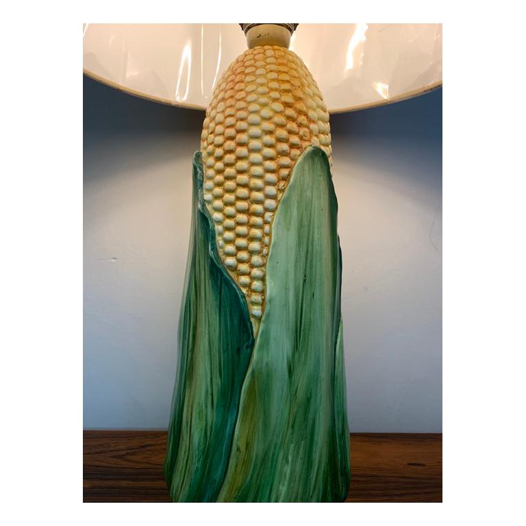 Italian Vintage Ceramic Hand Painted Glazed Corn on the Cob Table Lamp with New Shade