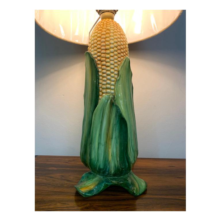 Vintage Ceramic Hand Painted Glazed Corn on the Cob Table Lamp with New Shade In Good Condition In London, GB