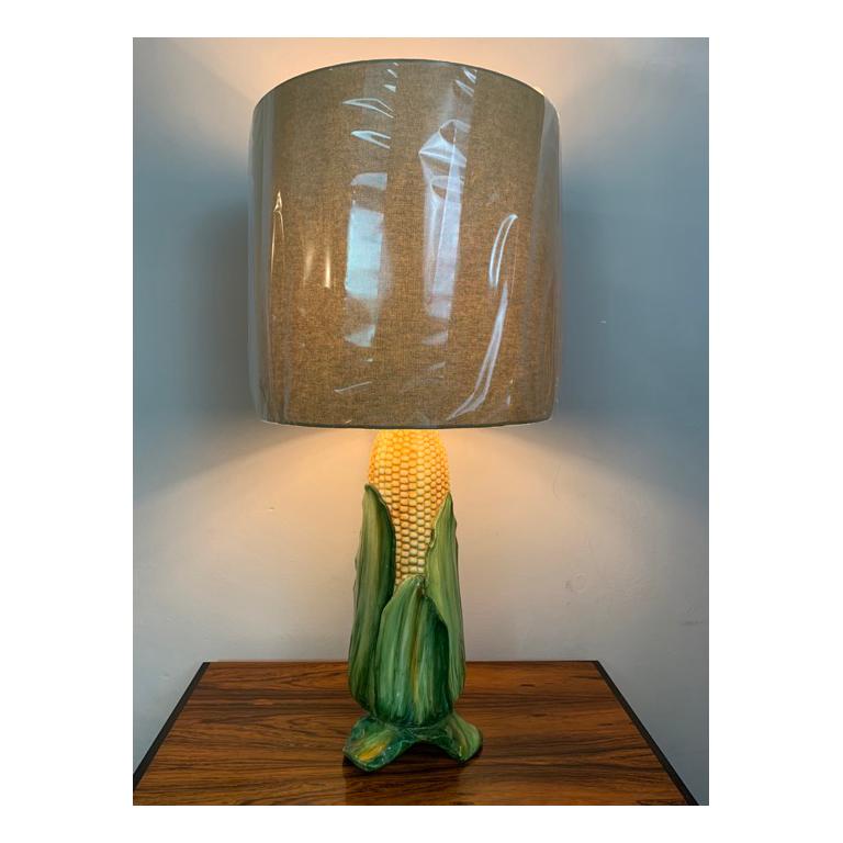 20th Century Vintage Ceramic Hand Painted Glazed Corn on the Cob Table Lamp with New Shade