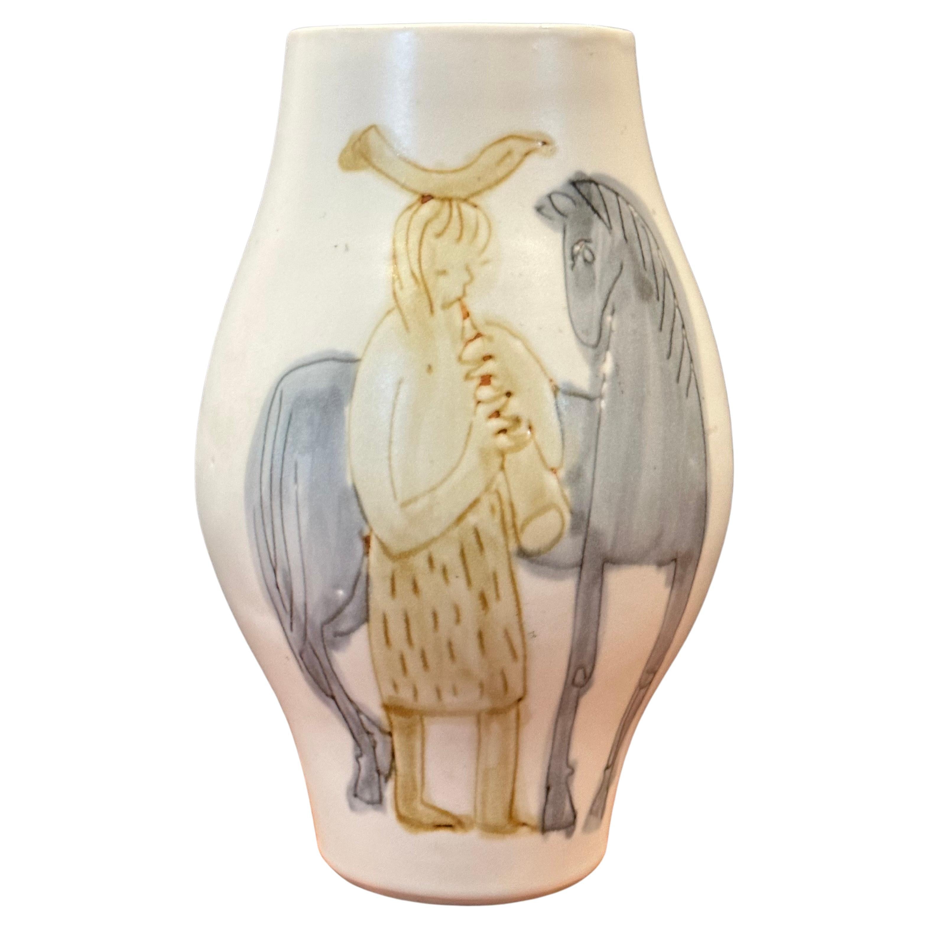 A really cool hand painted ceramic vase with Picasso like horse painting, circa 1970s. This piece is in good vintage condition and measures approcimately 7