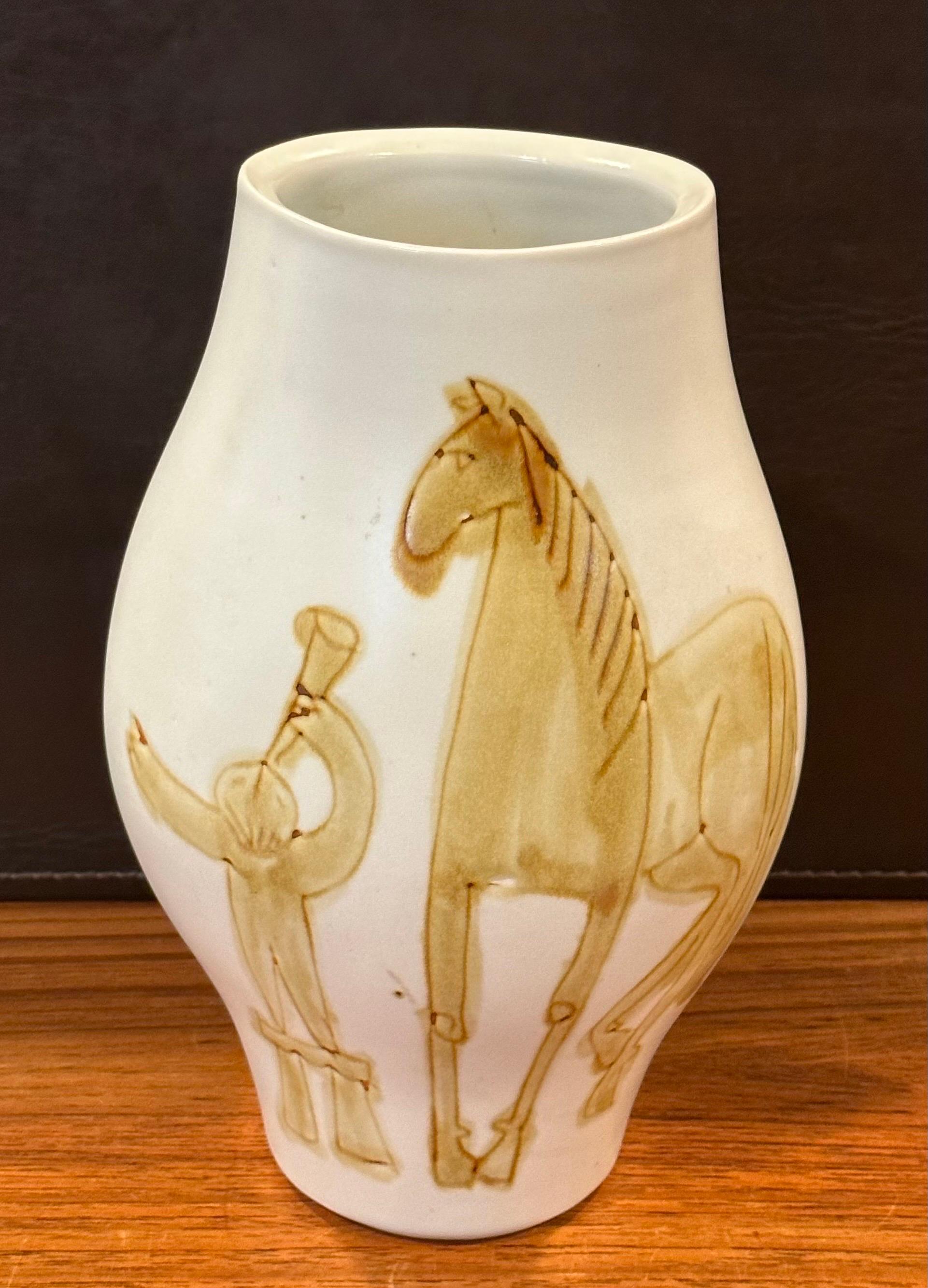 Mid-Century Modern Vintage Ceramic Hand Painted Horse Vase in the Style of Picasso For Sale