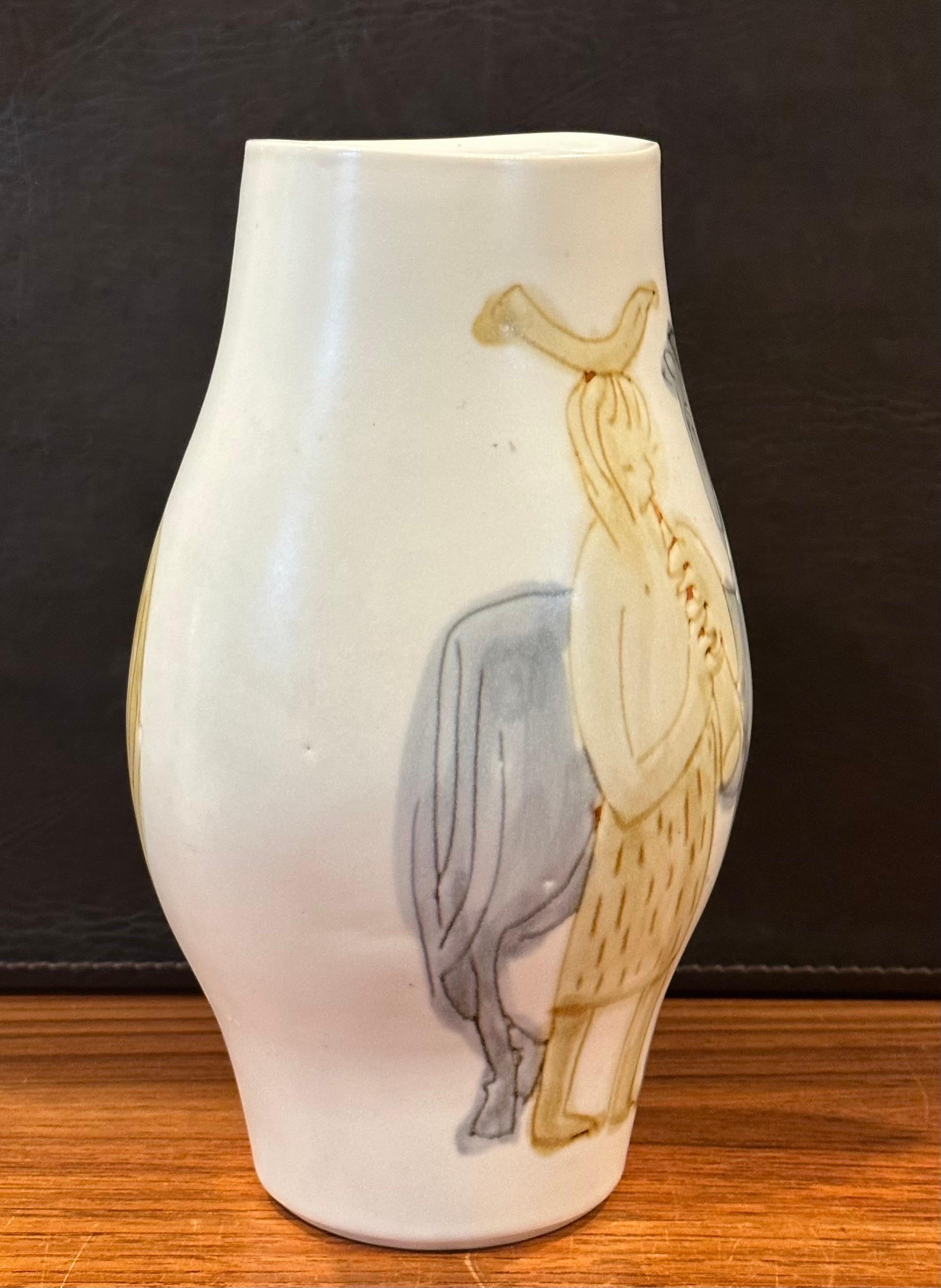 Hand-Crafted Vintage Ceramic Hand Painted Horse Vase in the Style of Picasso For Sale