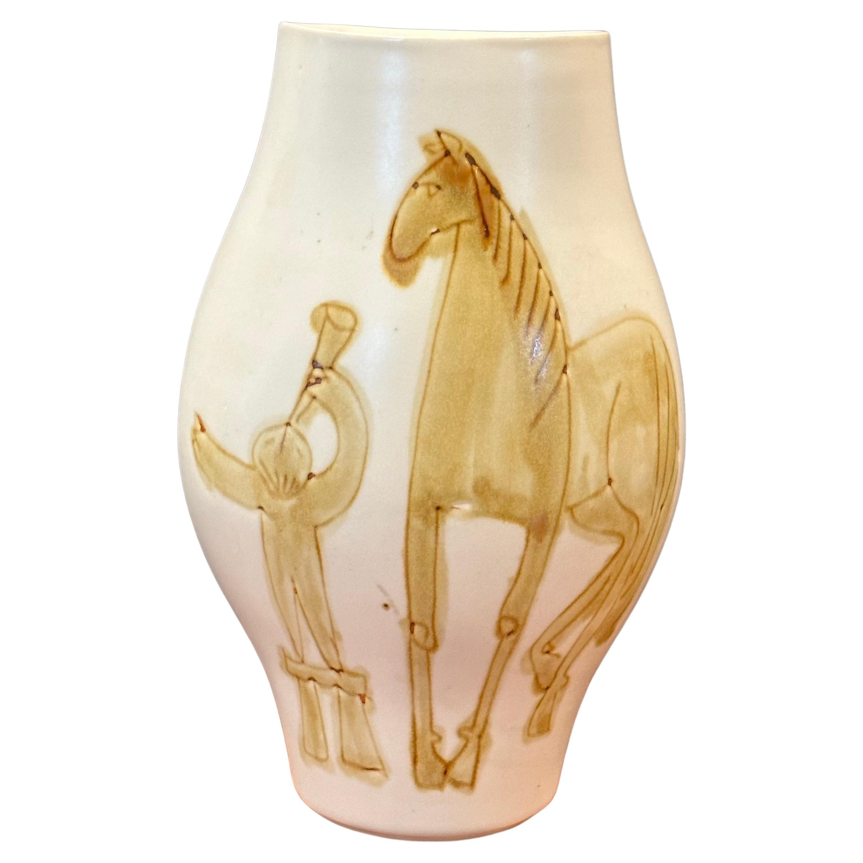 Keramikvase mit handbemaltem Pferd im Stil von Picasso, Vintage