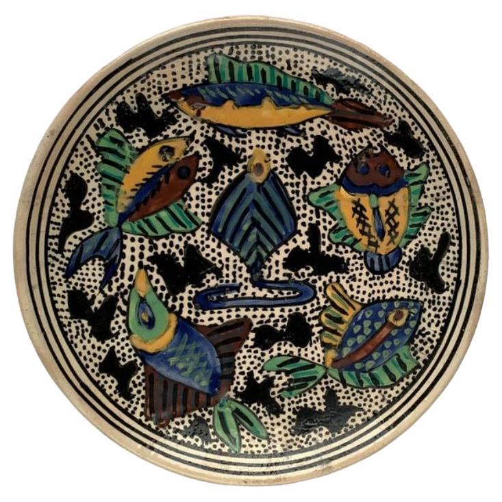 Vintage-Wandteller mit Fischmotiv aus Keramik, handbemalt, 1970er Jahre