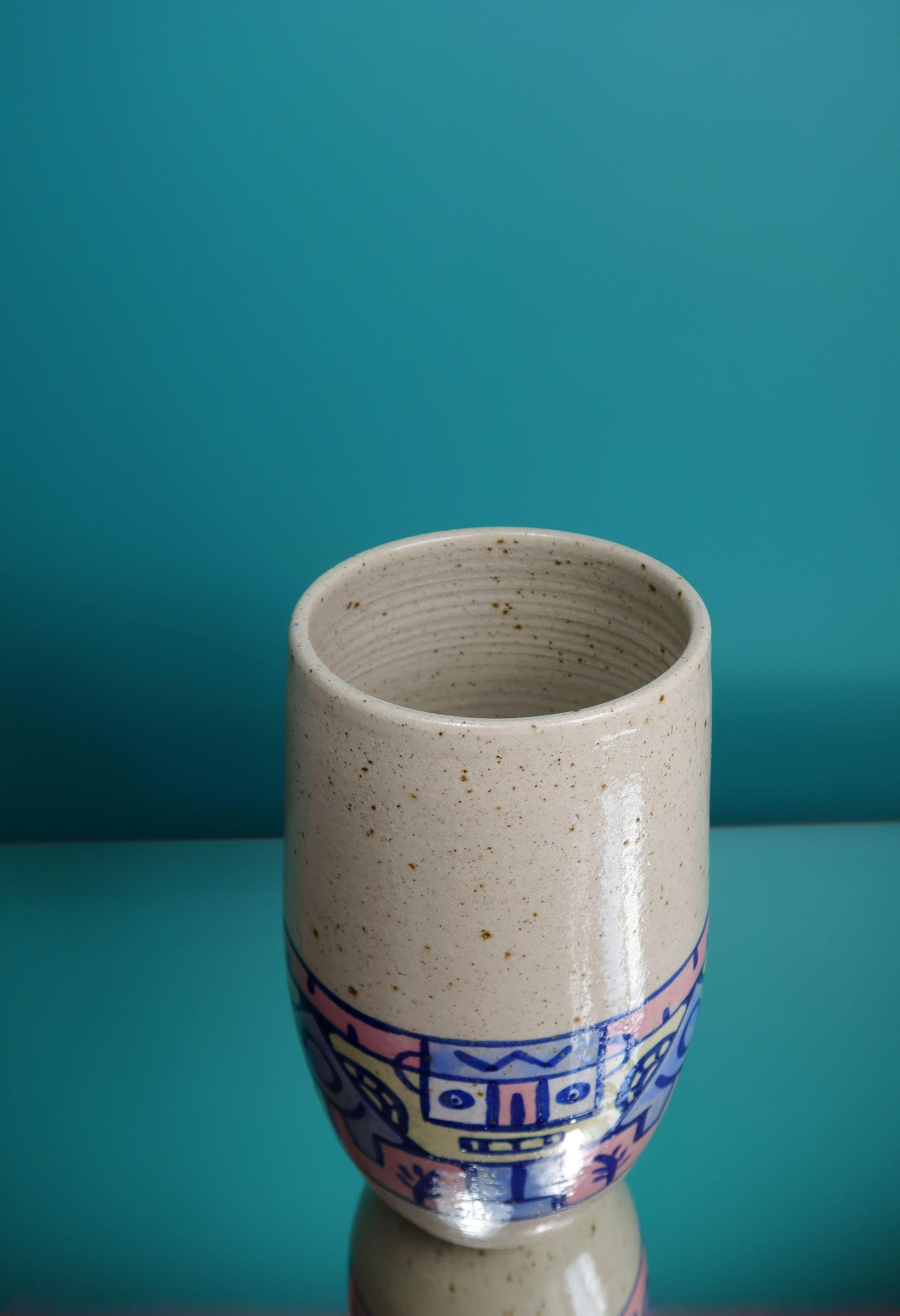 20th Century Large Néstor Post-Modern Hand Painted Ceramic Vase, 1990 For Sale
