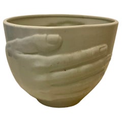 Vintage Ceramic  Hands Sculptural White Glazed Bowl