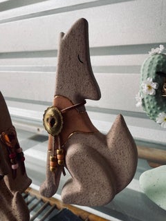 Vintage Ceramic Howling Dogs and Cactus Set