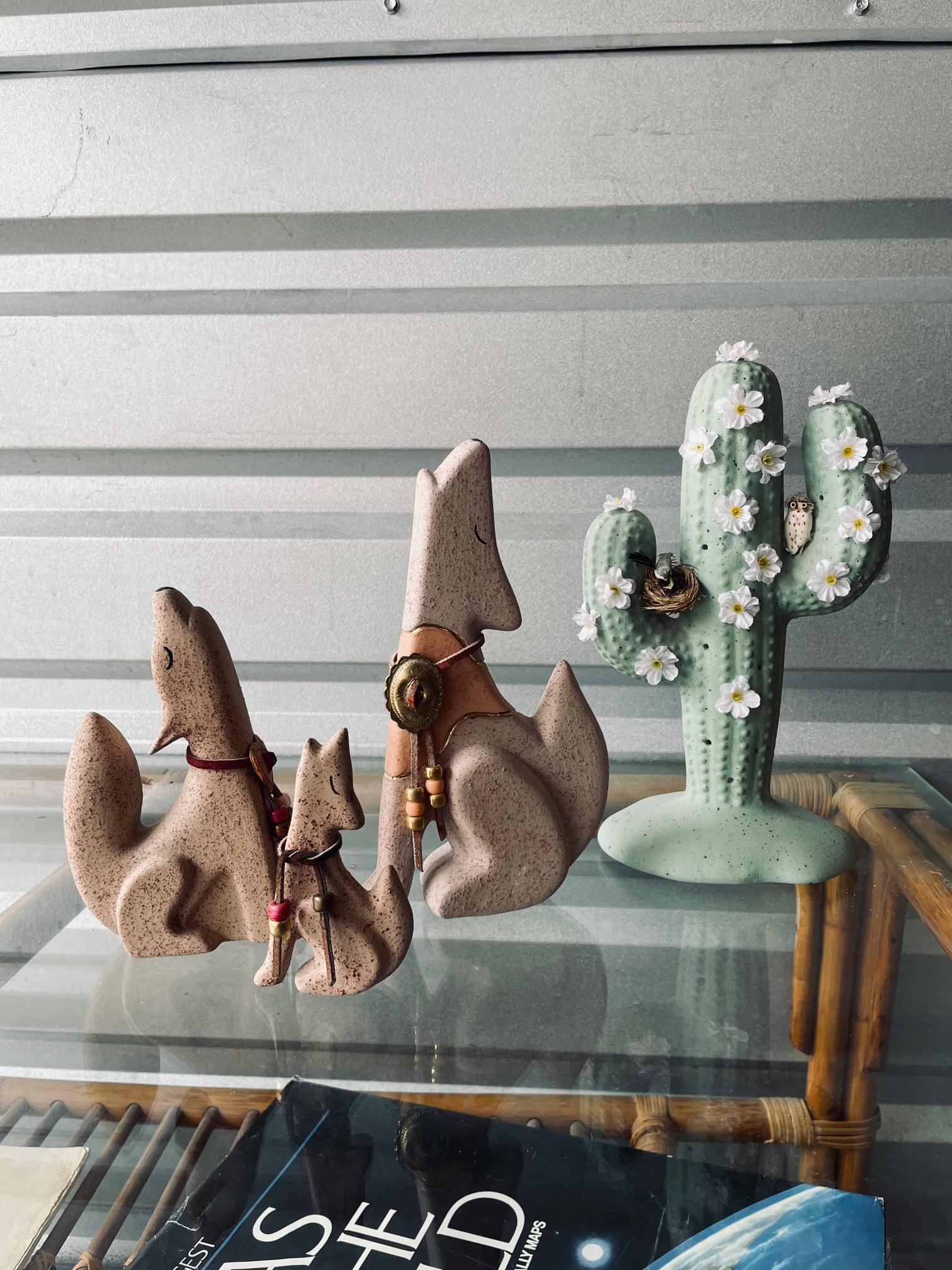 Vintage Ceramic Howling Dogs and Cactus Set 2