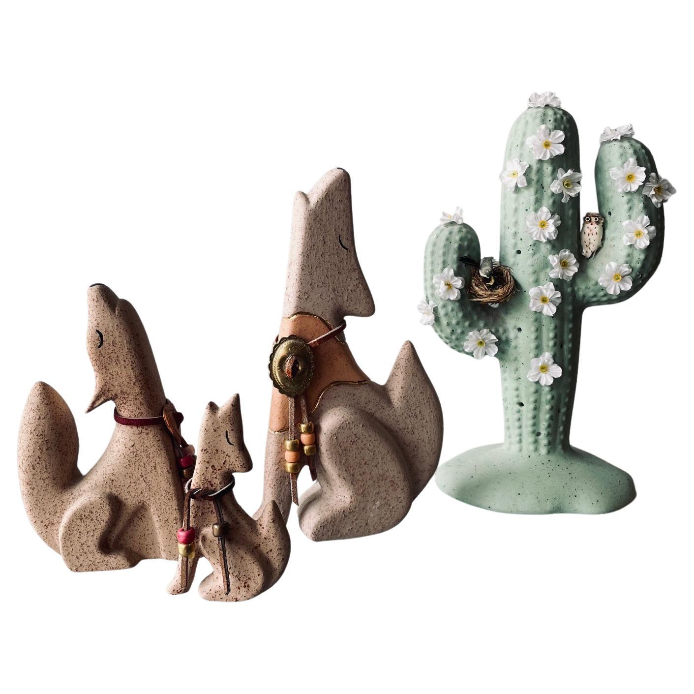 Vintage Ceramic Howling Dogs and Cactus Set