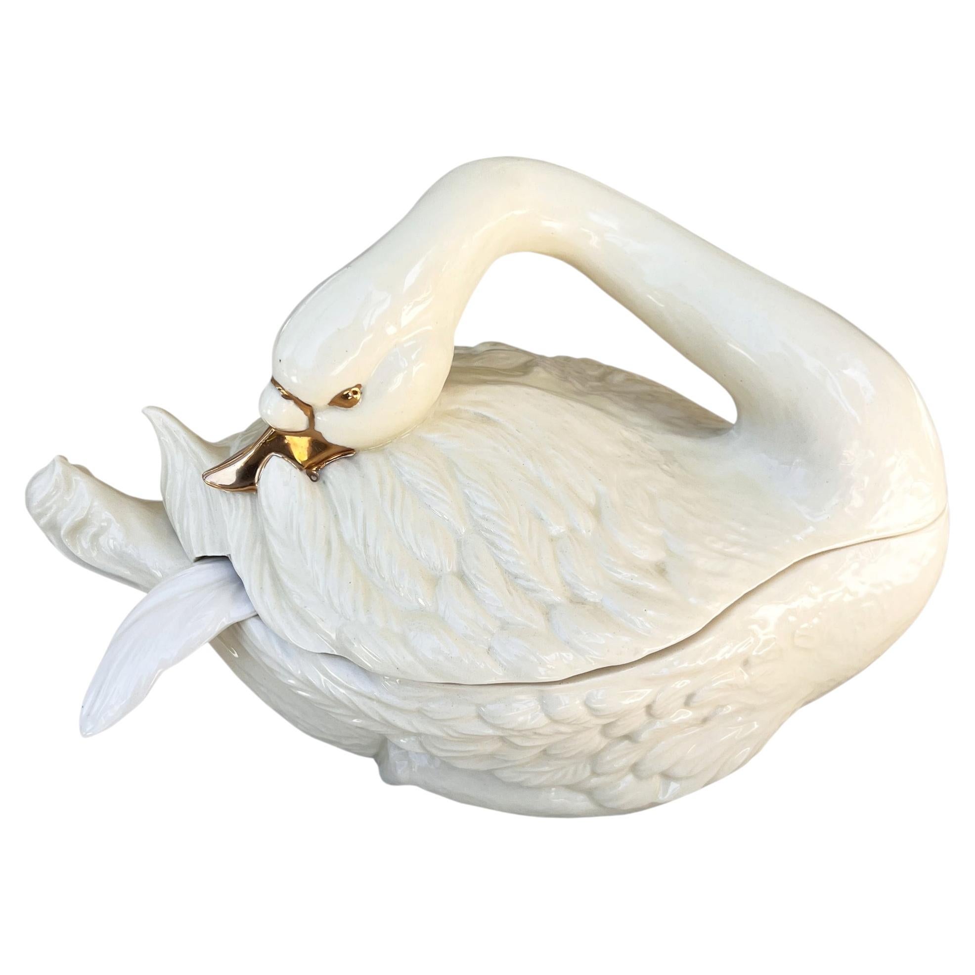 Vintage Ceramic Italian Swan Tureen with White Ladle and Lid - Hollywood Regency For Sale