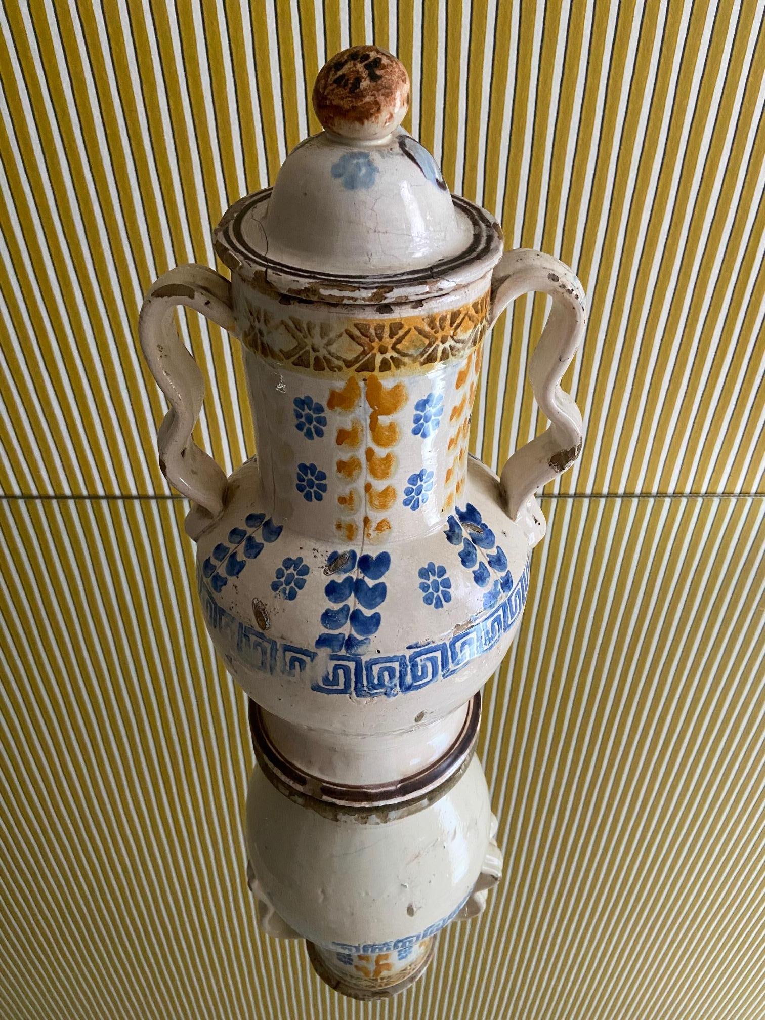 Italian Vintage Ceramic Jar with Handles and Decorations, Italy, Late 19th Century